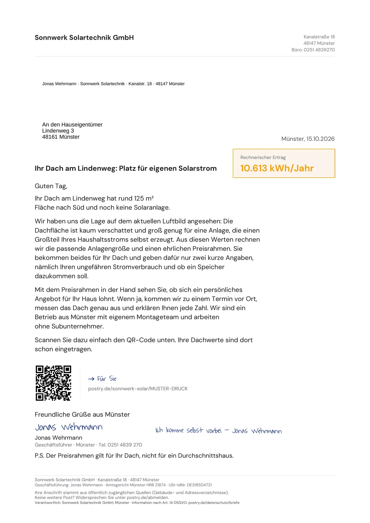 Gedruckter Postry-Brief mit persönlichem ersten Satz und eigenem QR-Code (Beispieldaten)