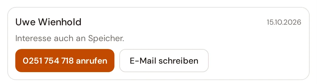 Neue Anfrage im CRM mit Rückruf-Knopf (Beispieldaten)