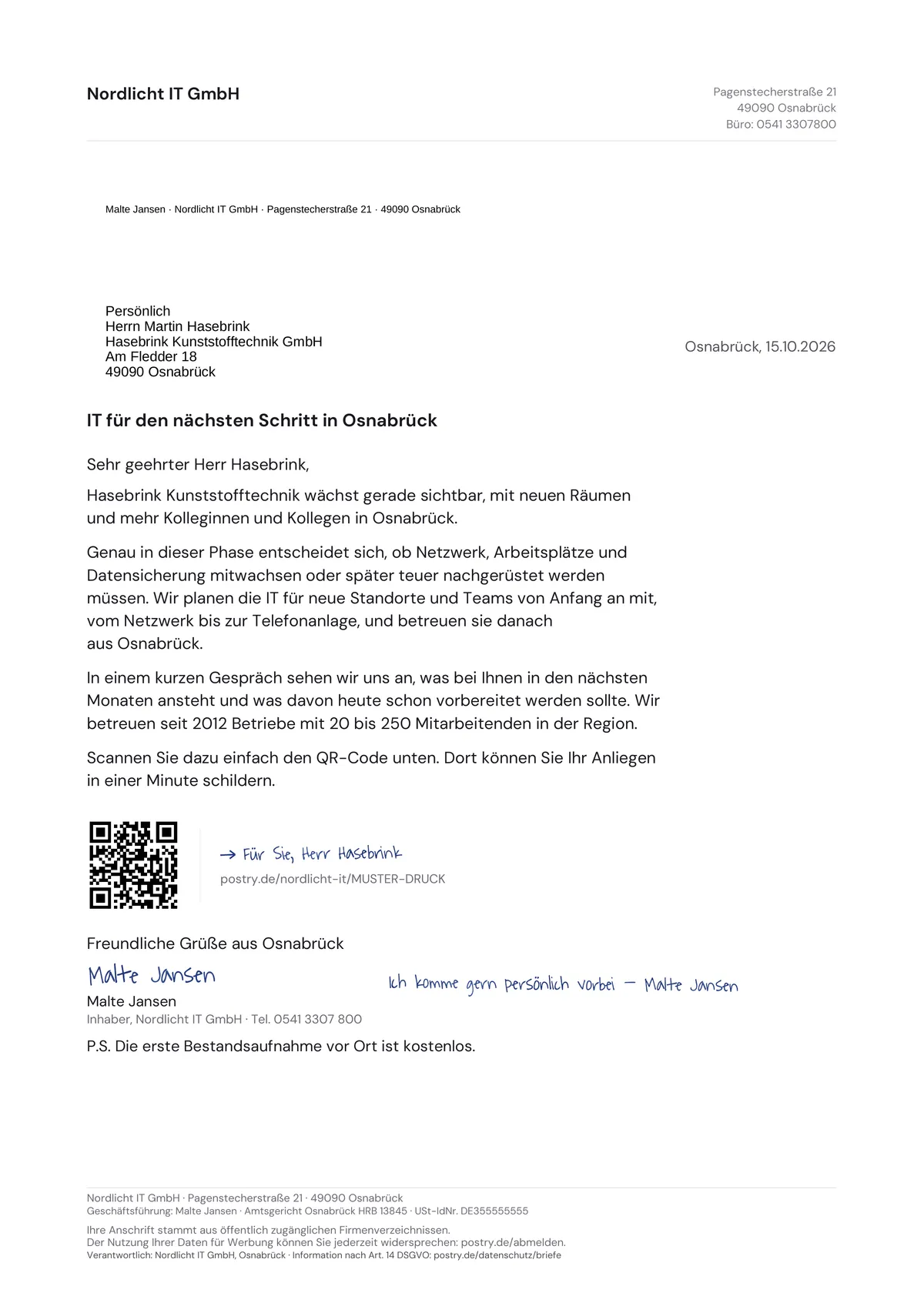 Gedruckter Postry-Brief mit persönlichem ersten Satz und eigenem QR-Code (Beispieldaten)