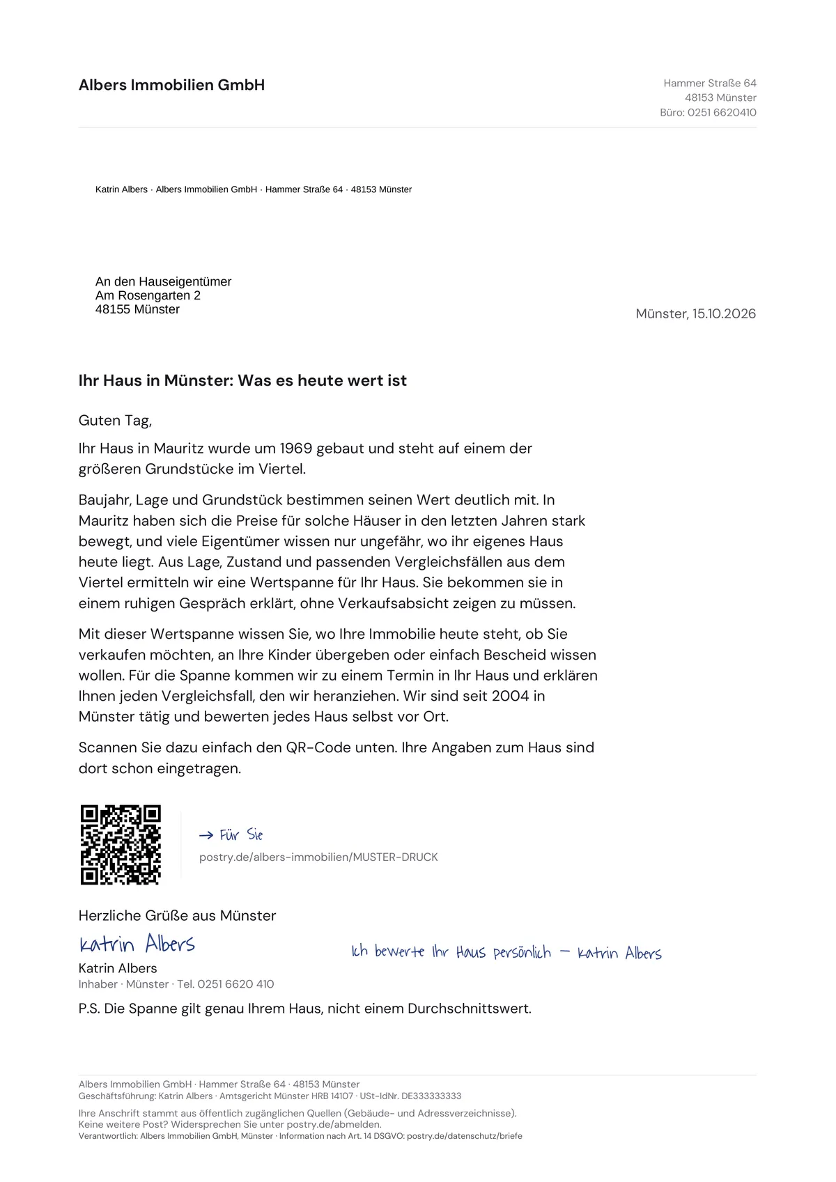 Gedruckter Postry-Brief mit persönlichem ersten Satz und eigenem QR-Code (Beispieldaten)