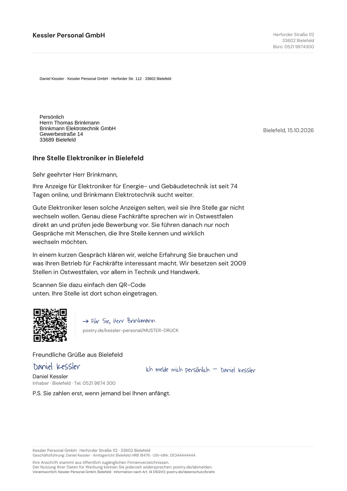 Gedruckter Postry-Brief mit persönlichem ersten Satz und eigenem QR-Code (Beispieldaten)