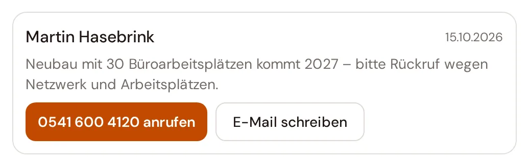 Neue Anfrage im CRM mit Rückruf-Knopf (Beispieldaten)