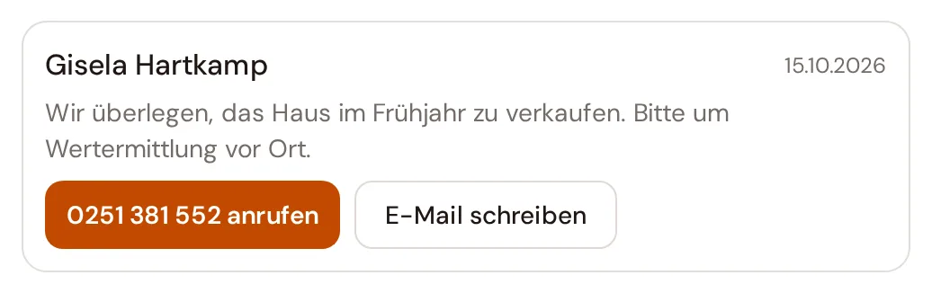 Neue Anfrage im CRM mit Rückruf-Knopf (Beispieldaten)