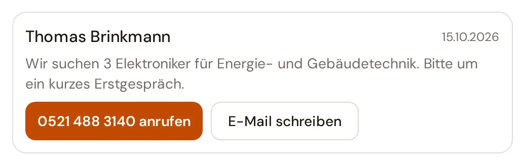 Neue Anfrage im CRM mit Rückruf-Knopf (Beispieldaten)