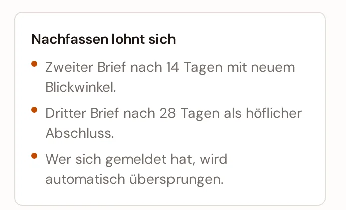 Nachfassen: zweiter und dritter Brief nach 14 und 28 Tagen (Beispieldaten)