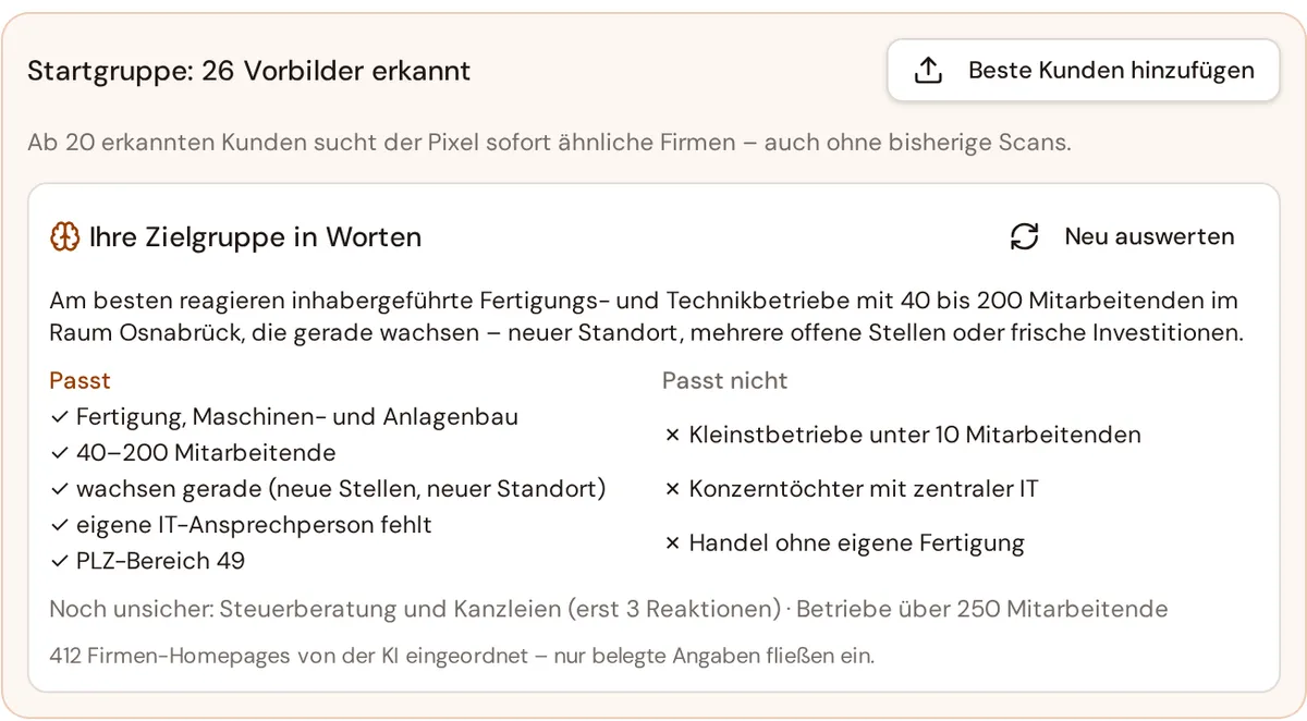 Neuro-Pixel: erkannte Startgruppe und Zielgruppe in Worten (Beispieldaten)